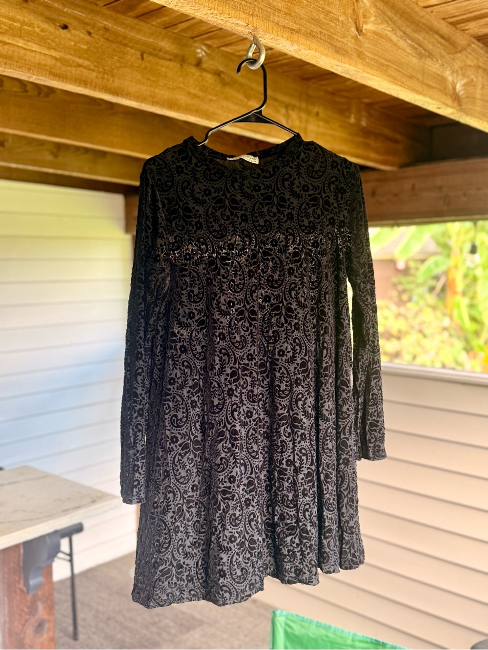 Black Velvet Paisley Long-Sleeve Swing Dress